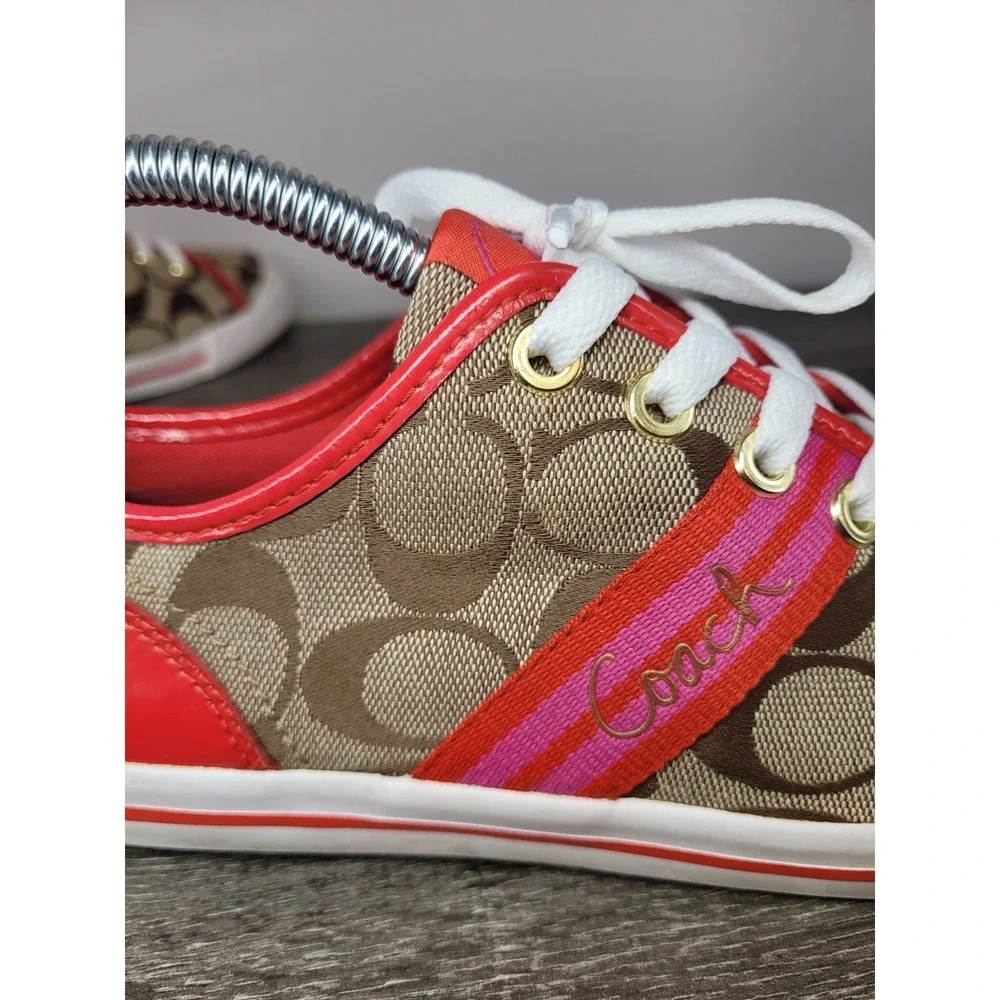 COACH Folly Womens 8.5 B Signature C Canvas Red Patent Trim Sneakers Q1024